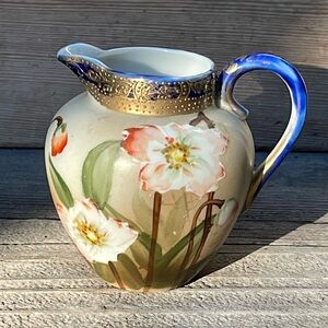 Antique Nippon Hand Painted Floral Pitcher Creamer - Gold Moriage Accents